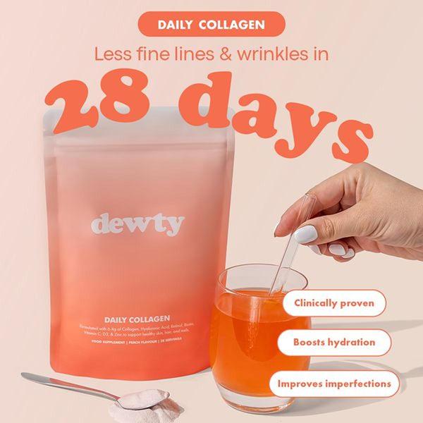 A clean, high-contrast static ad for a daily collagen supplement, highlighting a 28-day timeline for visible skin improvements.